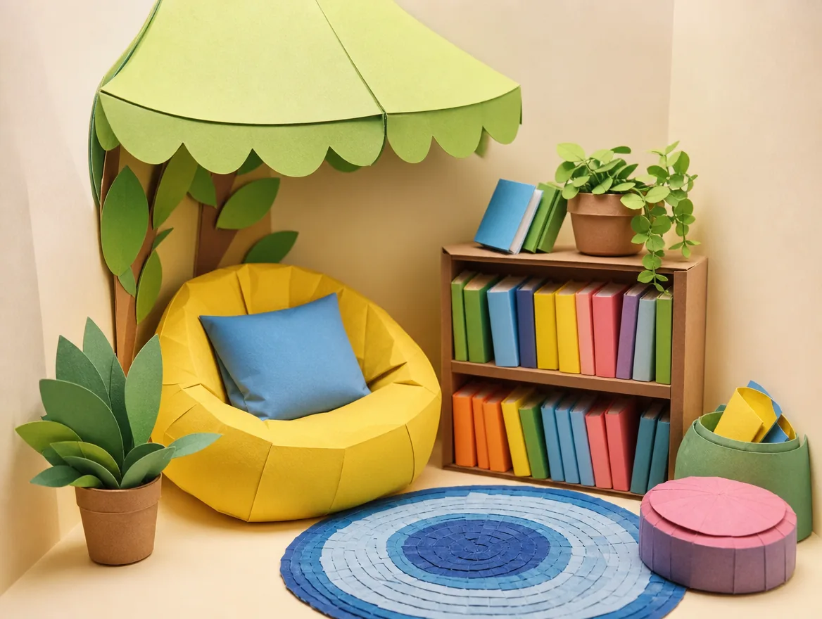 Paper-craft cozy reading nook with a beanbag and canopy