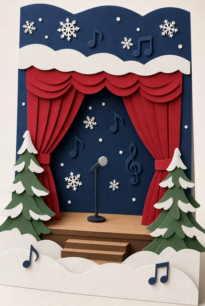 Paper-craft scene of a school stage with curtains