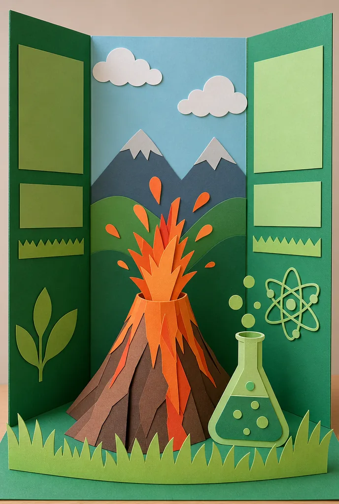 Paper-craft scene of a science fair volcano