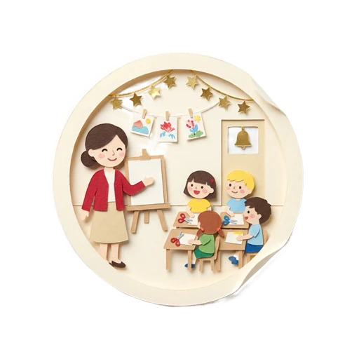 Paper-craft sticker of a joyful Grade 4 classroom with a gold bell
