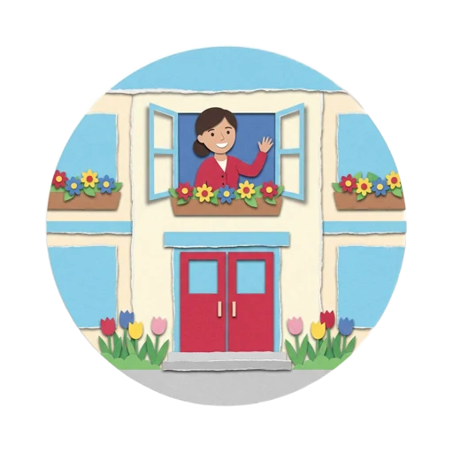 Paper-craft sticker of a teacher waving from a second-floor classroom window
