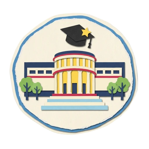 Paper-craft sticker of a university campus with a graduation cap